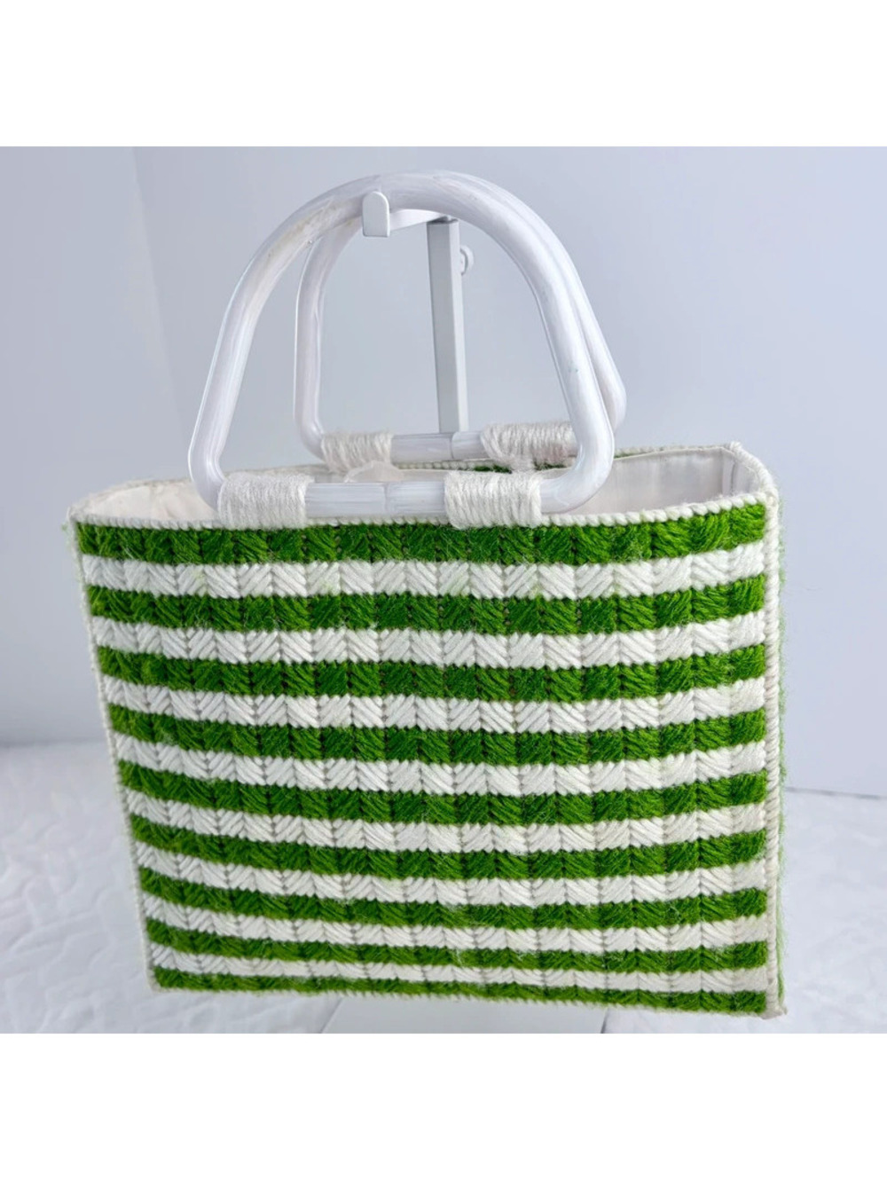 Vintage 70s 80s Handmade Needlepoint Yarn Bag Coastal grandma  cottagecore